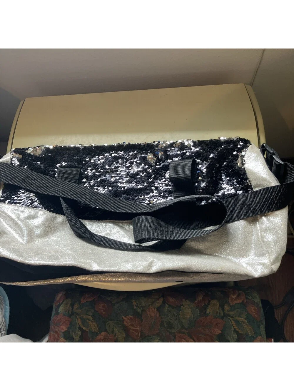 Justice Gymnasts Duffle Bag Silver W/ Black & Silver Sequins Adjustable Strap